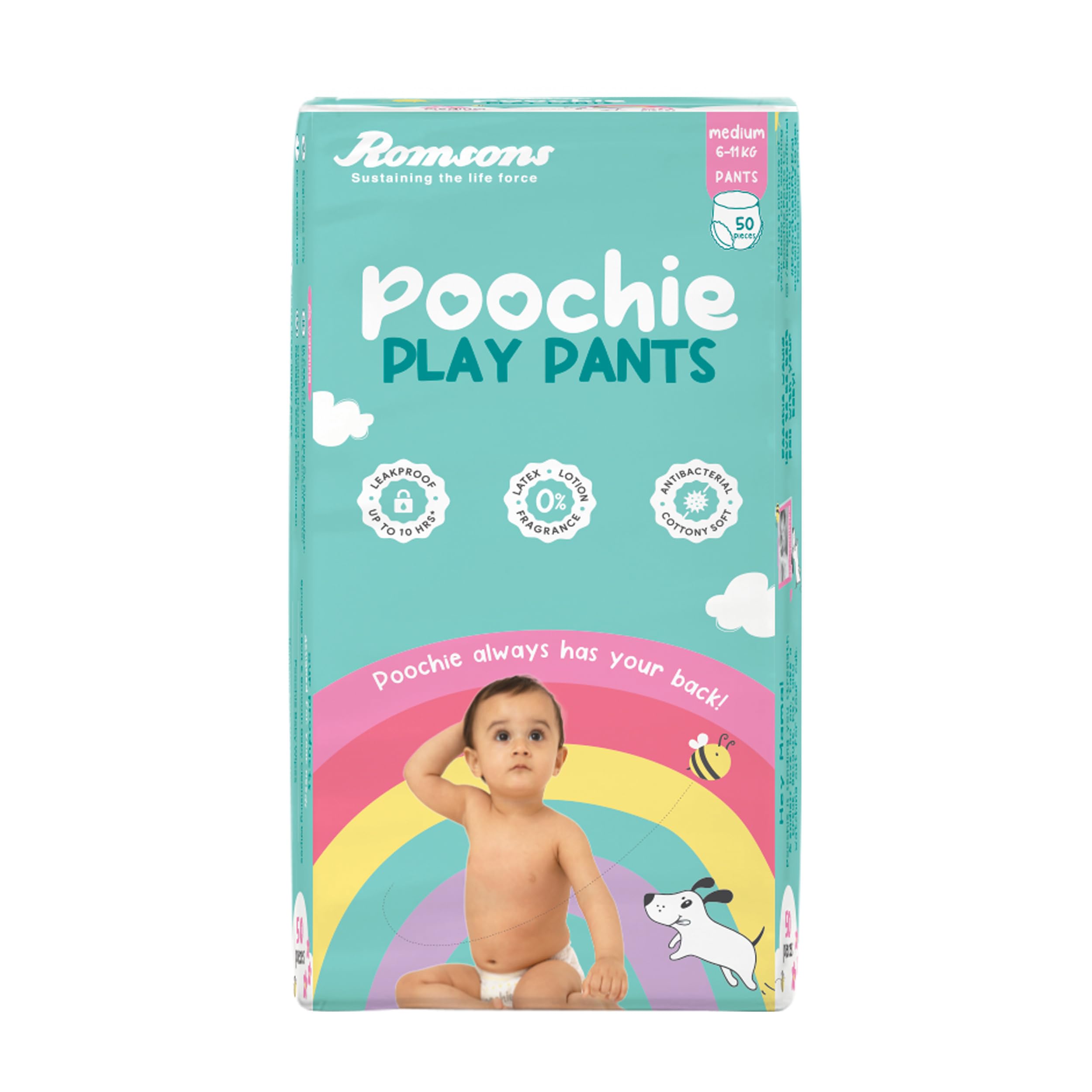 Romsons Poochie Play Pants Baby Diaper | Medium Size | Super Absorbent Core | Leakproof Protection for up to 10 Hours | 360° Comfort Fit | Suitable for 6-11 KG | Pack of 1 (50-count)-image-33