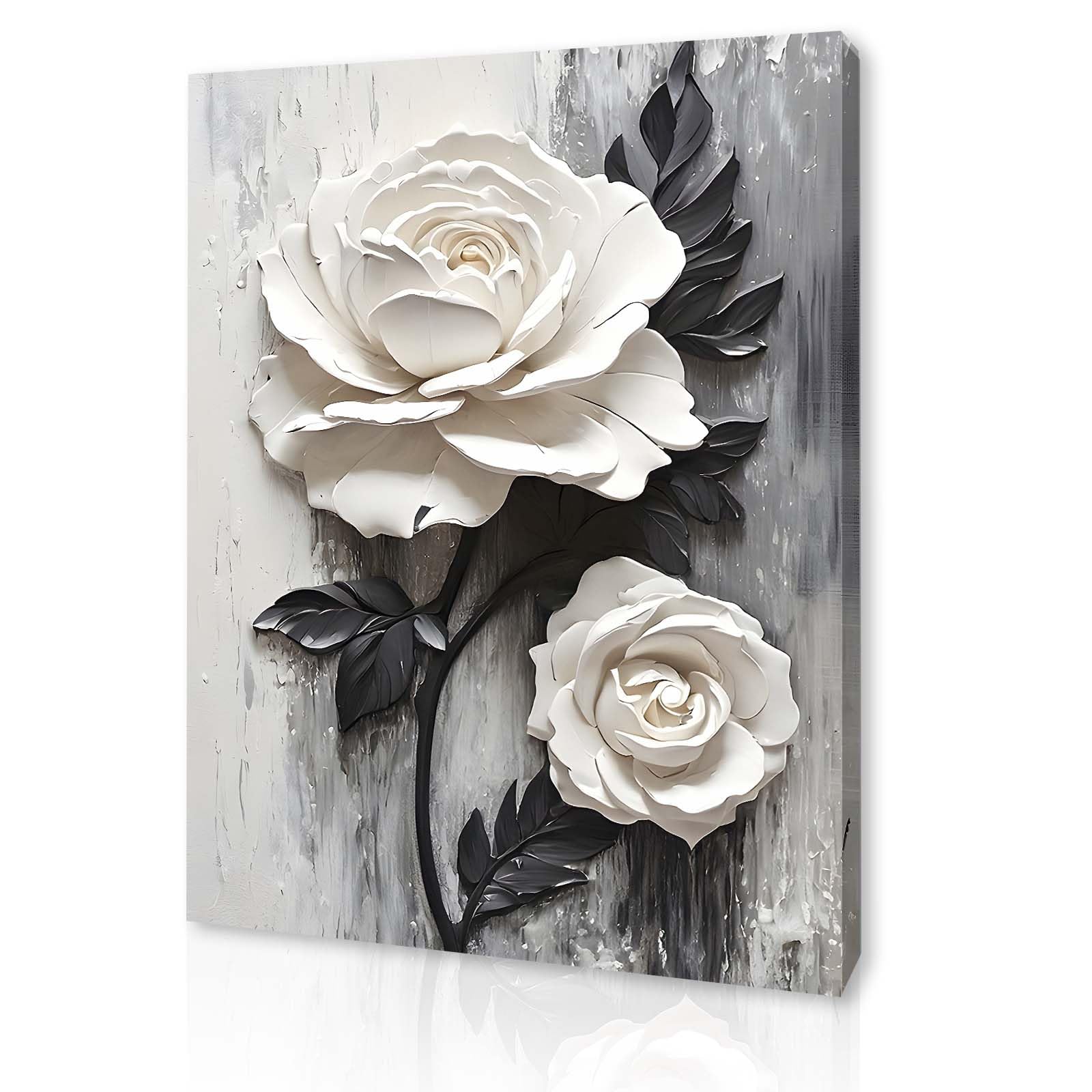 Qiukoo Framed Canvas Wall Art – White Rose 3D Floral Artwork, Waterproof Modern Print with Hook, Elegant Wall Decoration for Living Room, Bedroom Pictures for Wall or Prints for Walls – 16 x 20 inch