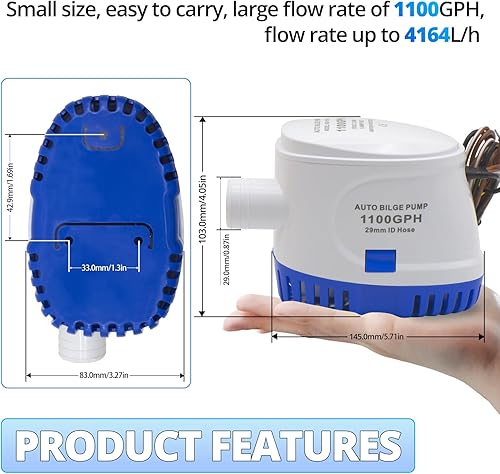 Miniatura 6 de Bomba de sentina de barco automático sumergible marina 1100GPH barco eléctrico fontanería automática 12V