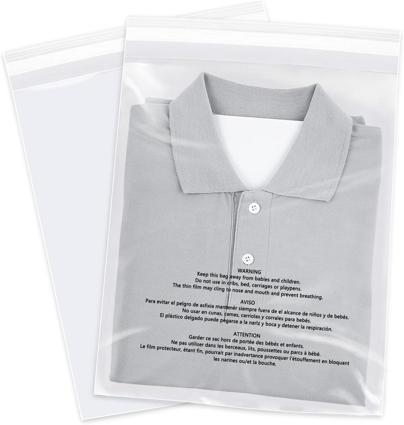 10" x 13" (100 Count) - Clear Poly Bags with Suffocation Warning Self Seal for Packaging, Shirts, Clothing & FBA - Permanent Adhesive