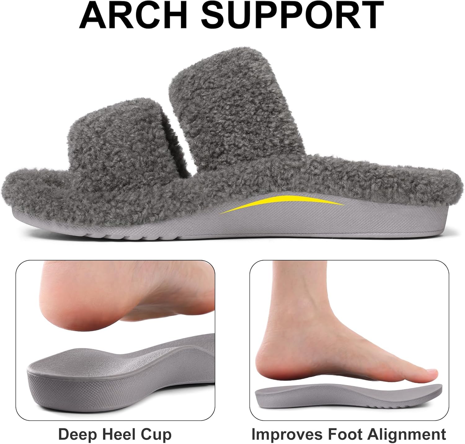 Litfun Women's Fuzzy House Slippers with Moderate Arch Support Open Toe Cozy Bedroom Shoes Indoor Outdoor,Dark Grey, EU39 - Image 3