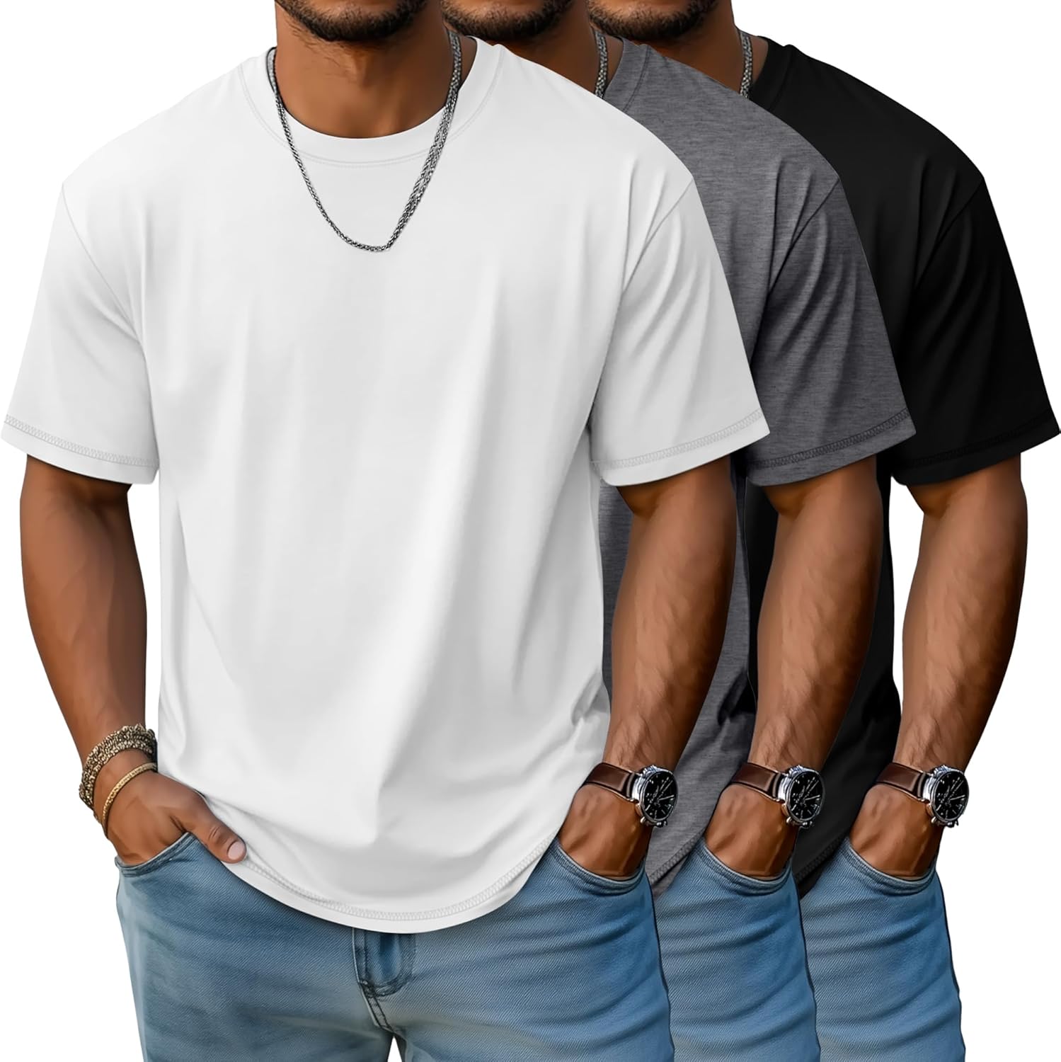 3 Pack Men's Big and Tall T-Shirts, Crew Neck Cotton Short Sleeve Tees Summer Side Slits Shirts Casual Basic Tops