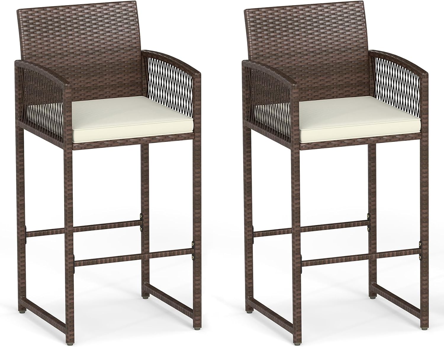 RELAX4LIFE Wicker Outdoor Bar Stools - Set of 2 Rattan Barstools Chairs w/Back, Armrests, Footrest, Seat Cushions & Metal Frame, 400LBS Max Load, Counter Height Bar Stools for Patio Pool (1)