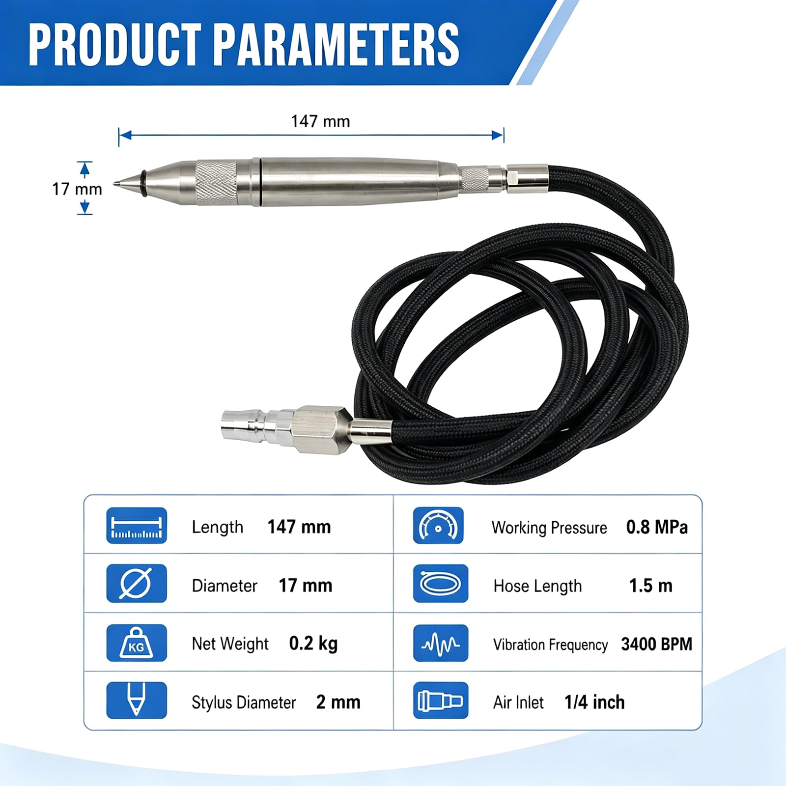 Stylo de gravure pneumatique, outil de gravure de précision pour métal, pierre, verre, bijoux – Fréquence de vibration de 3400/min, entrée d'air de 0,6 cm, pression de fonctionnement de 0,8 MPa