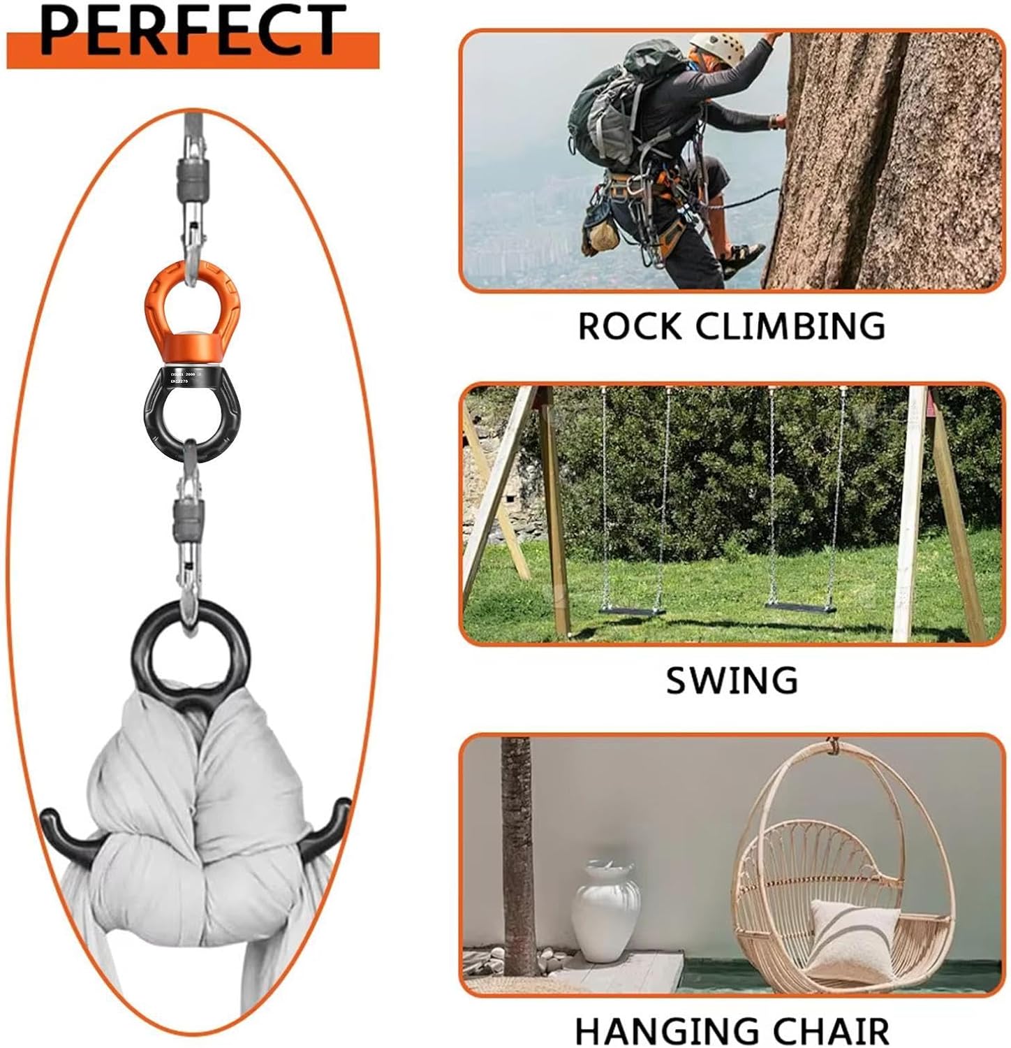 Swing Swivel - 360 Degree Rotation Hammock Spinner, Safety Carabiner Hook with High Weight Capacity, Aerial Dance Rigging Accessory, Web Rope Tree Connector, Indoor Playground Hardware for Backyard