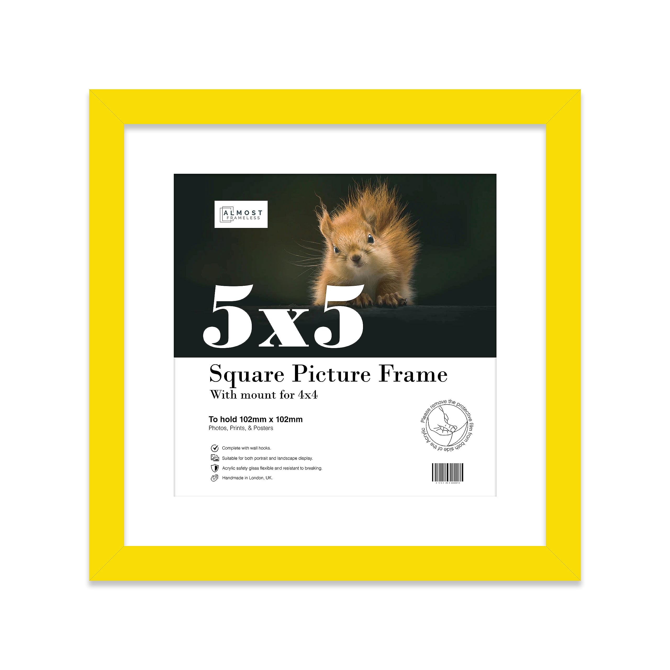 Almost Frameless 5x5 Picture Frame, Display Pictures 4x4 With Mat or 5x5 Without Mat, Wall Hanging & Free Standing Photo Frame, Yellow, 1 Pack