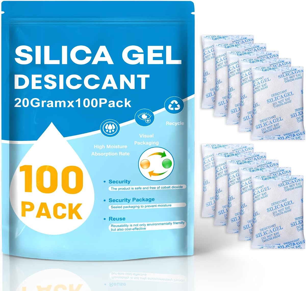 Paquetes de gel de sílice con indicación de color de 20 gramos, 100 unidades | Desecante premium de grado alimenticio, paquetes desecantes para almacenamiento, paquetes desecantes premium para alimentos, electrónica, armario