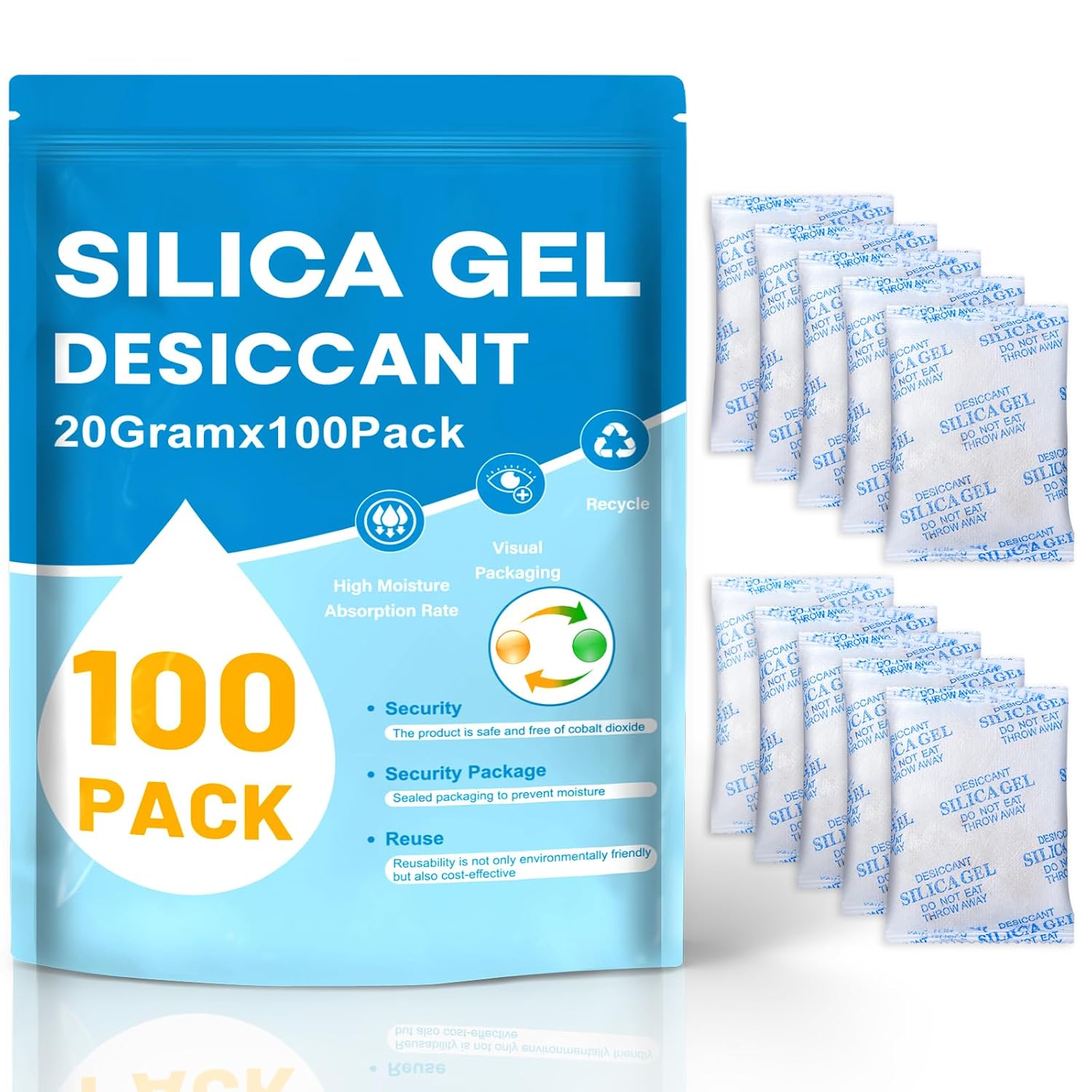 VOISEN 100 Gram 24 Pcs Color-Indicating Silica Gel Packets, Premium Food Grade Desiccant, Transparent Desiccant, Desiccant Packets for Storage, Premium Desiccant Packs for Food, Electronics, Closet