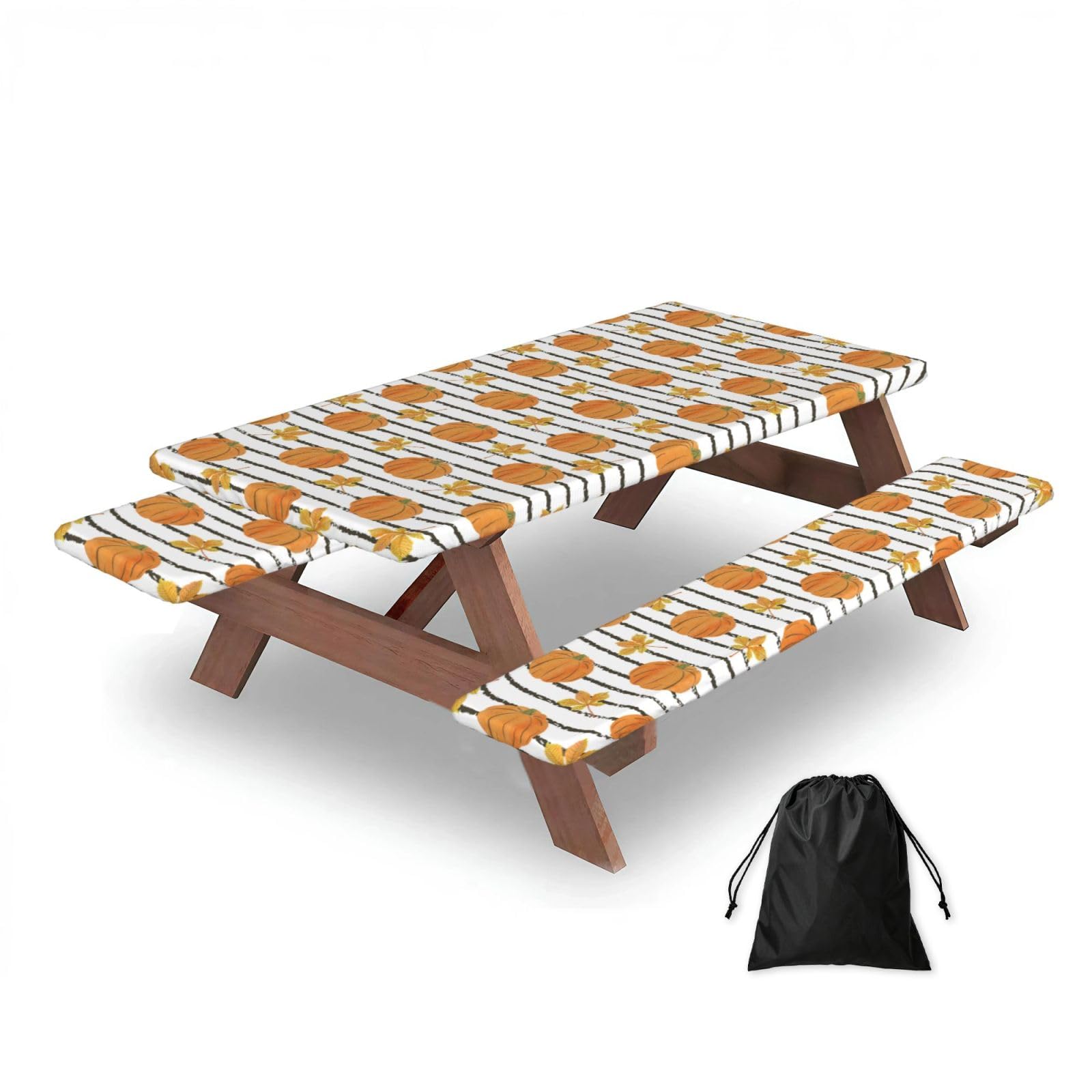 Dopklna As Picture Autumn Pumpkins And Leaves, Picnic Table Cover With Bench Covers -Waterproof Elastic Fitted Tablecloth For Garden Camping Patio 76X152cm