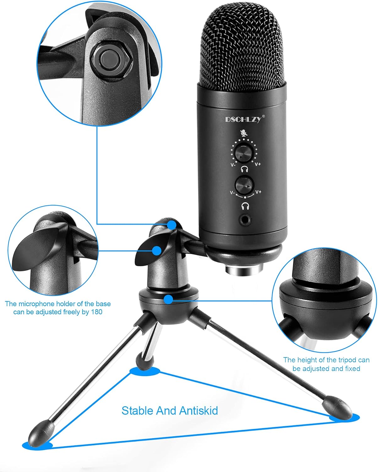 DSCHLZY USB Streaming Podcast PC Microphone - Professional Studio Vocal Recording Computer Cardioid Condenser Mic with Tripod Stand for Singing Skype Voice YouTube Discord Twitch Podcasts Videos
