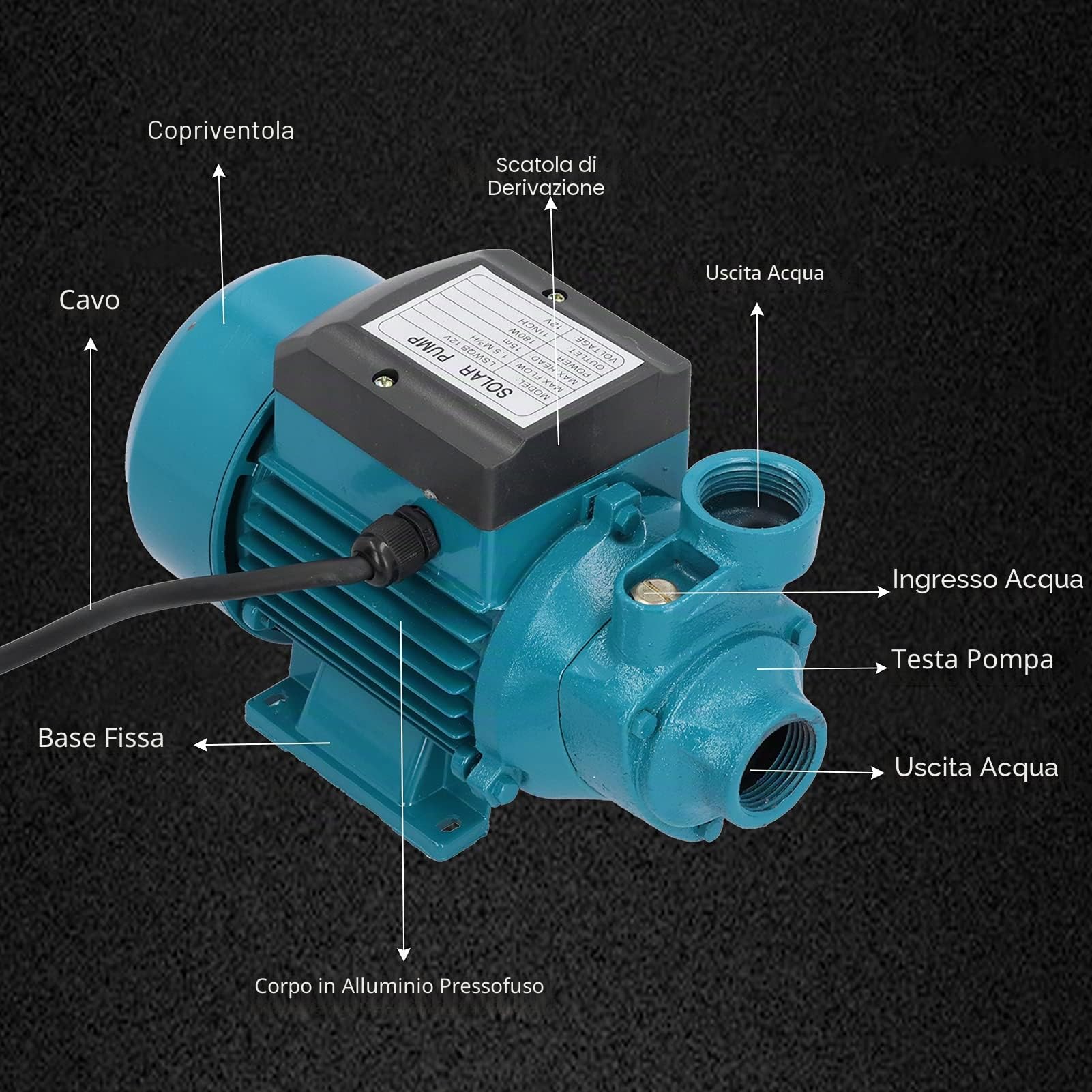 Pompa Acqua DC12V 180W Portata 15m per Irrigazione Giardino Sistemi Idraulici e Trasferimento Liquidi