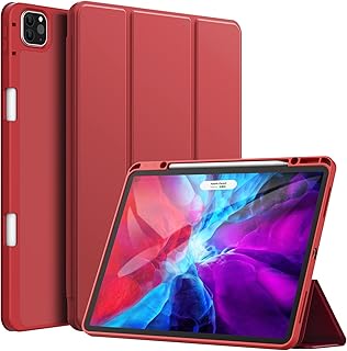 JETech Case for iPad Pro 12.9-Inch (2020/2018 Model, 4th/3rd Generation) with Pencil Holder, Support 2nd Pencil Charging, Slim Tablet Cover with Soft TPU Back, Auto Wake/Sleep (Red)