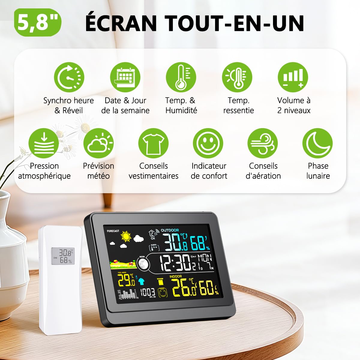 Uzoli E0622 Station météo sans fil avec capteur extérieur, horloge DCF