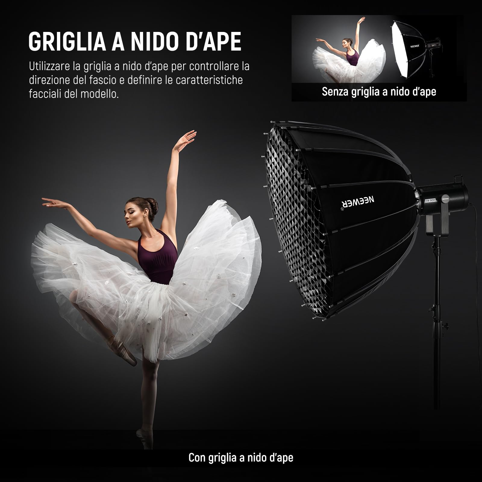 NEEWER BASICS Softbox Parabolico ad Attacco Bowens, 120cm Soft Box a Sgancio Rapido con Diffusore/Griglia/Borsa Compatibile con Godox Compatibile con Aputure 600d Luce per Foto Video da Studio, NS39P
