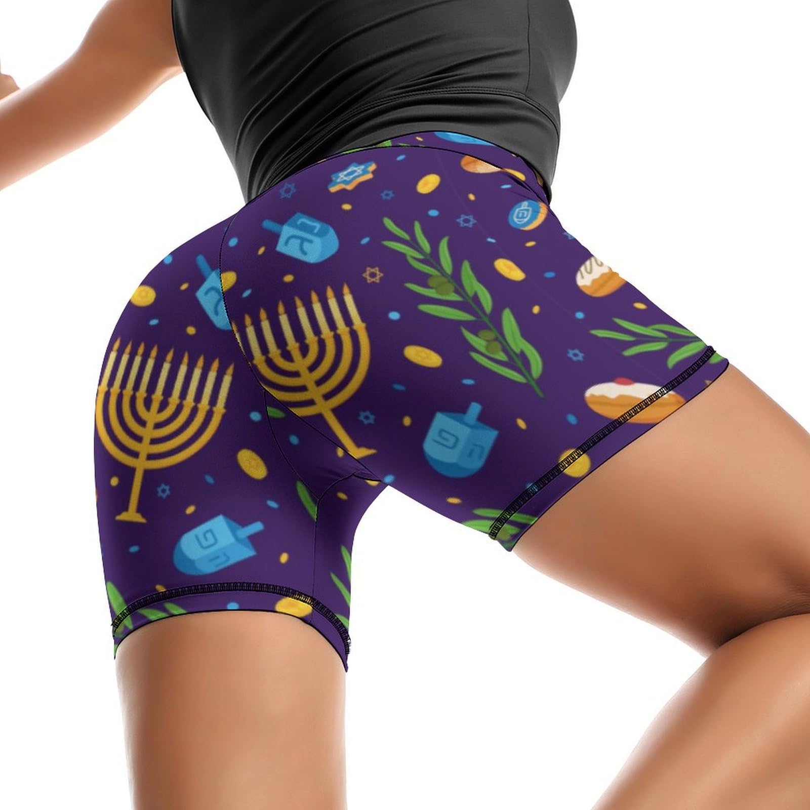 Happy Hanukkah Jewish Chanukah Holiday High Waist Yoga Shorts for Women Athletic Shorts Leggings Running Pants Black