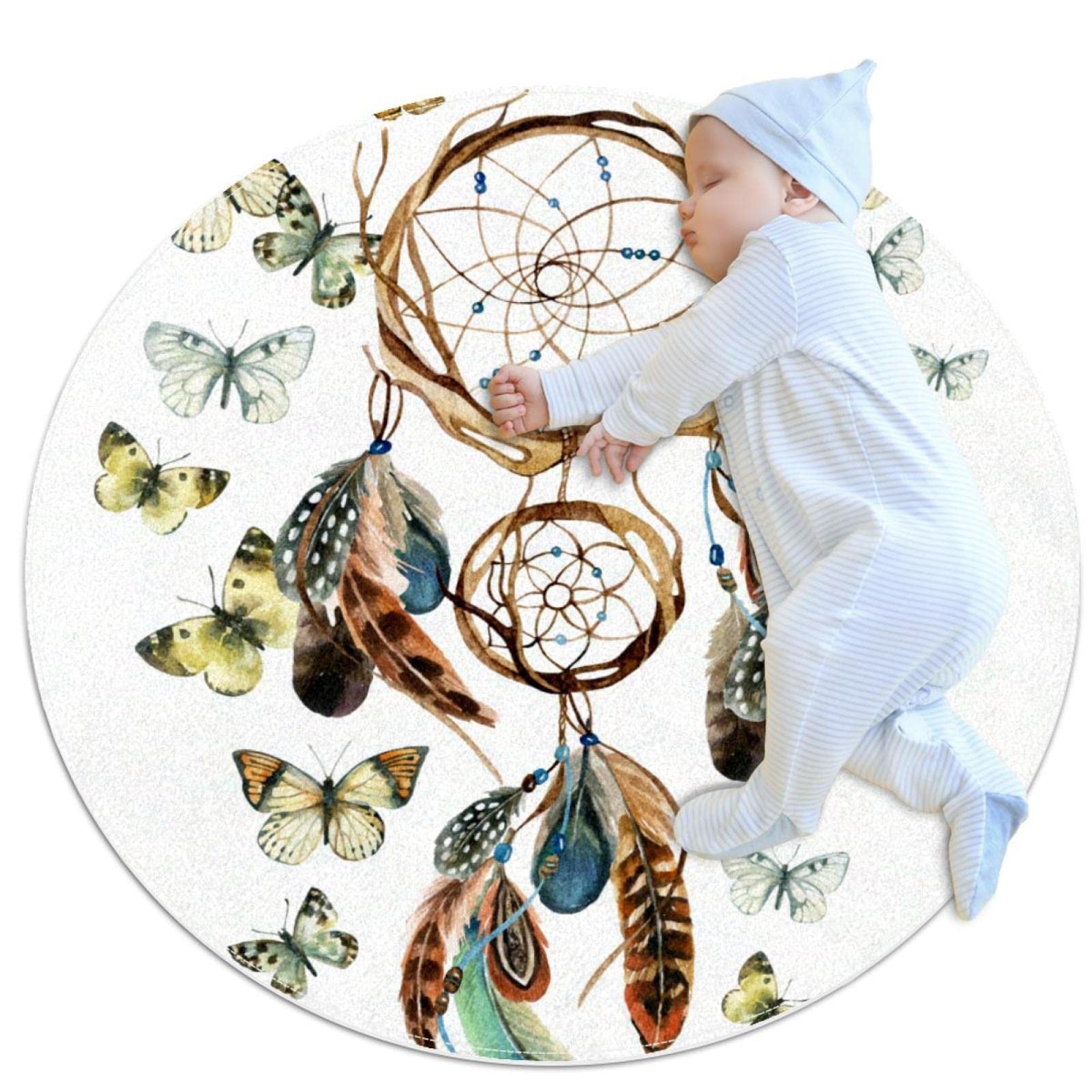 Tapis rond papillons attrape-rêves lavable et antidérapant salle de jeux