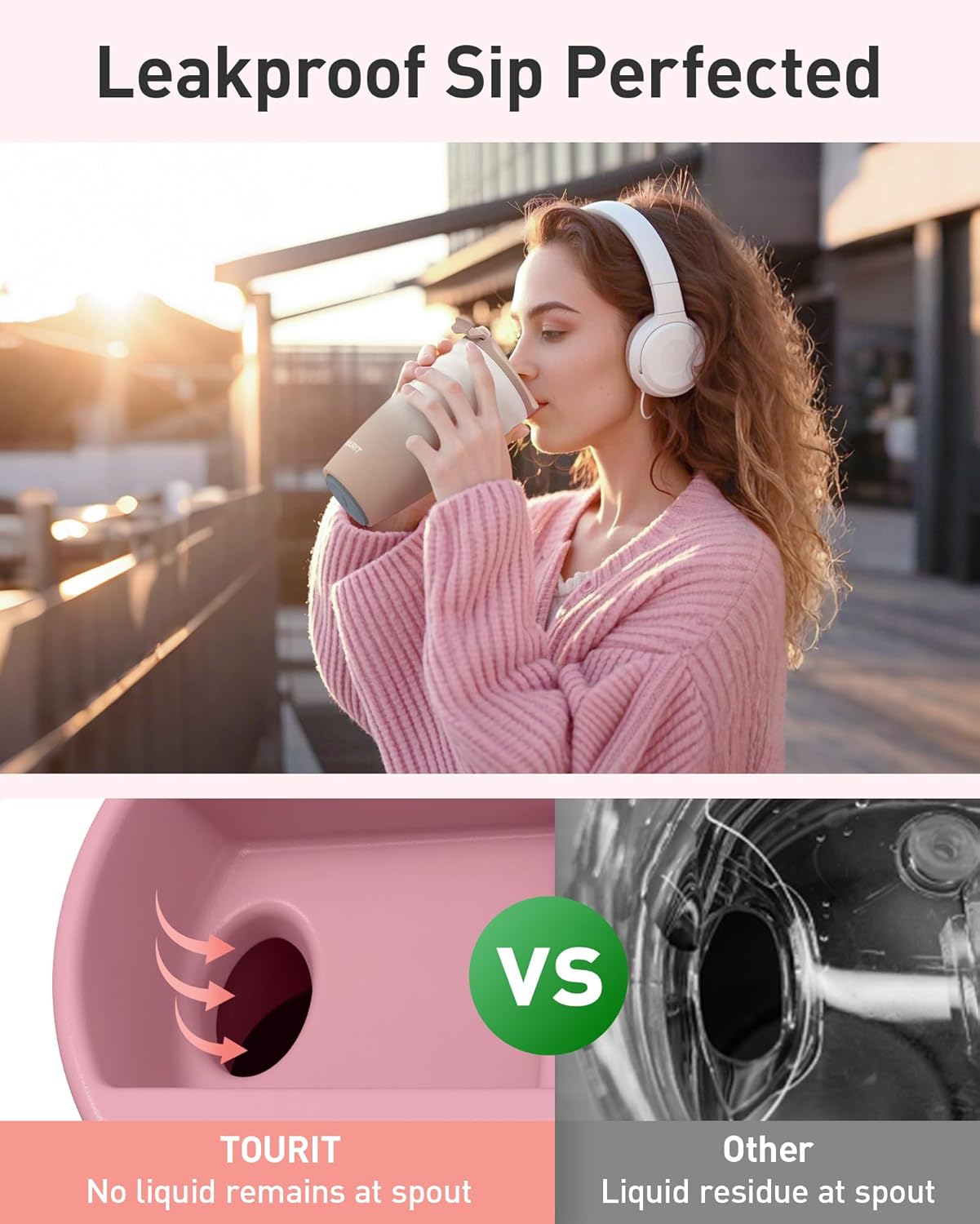 TOURIT 16 oz Travel Coffee Mug, Insulated Stainless Steel Travel Mug with Lid, Leak-Proof Double-Wall Vacuum Tumbler, Reusable Coffee Cup - Rose - Image 2