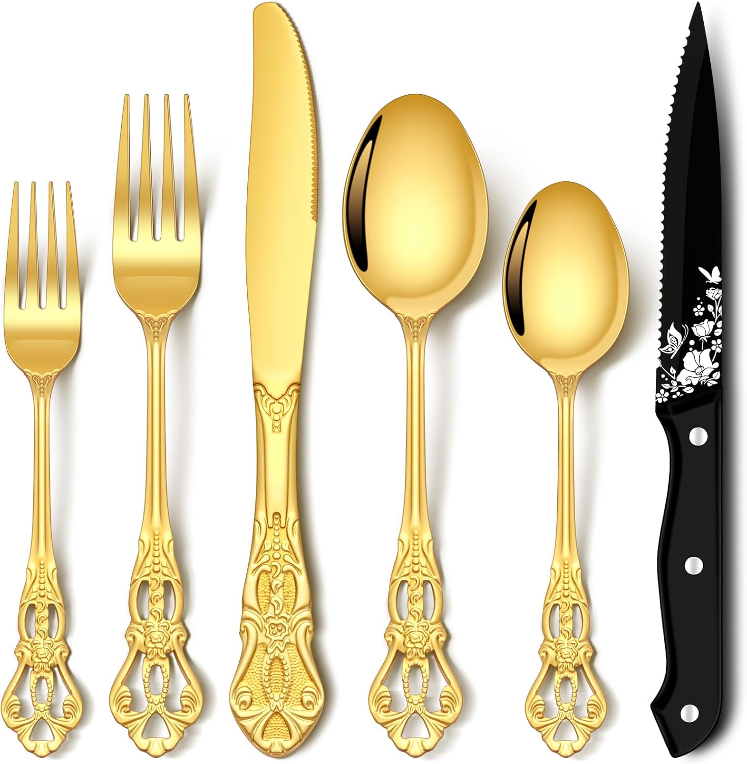 Stapava 48 Pcs Gorgeous Retro Royal Gold Silverware Set with Steak Knives, Stainless Steel Gold Utensils Cutlery for 8, Mirror Flatware Set Include Forks, Spoons and Knives, Dishwasher Safe