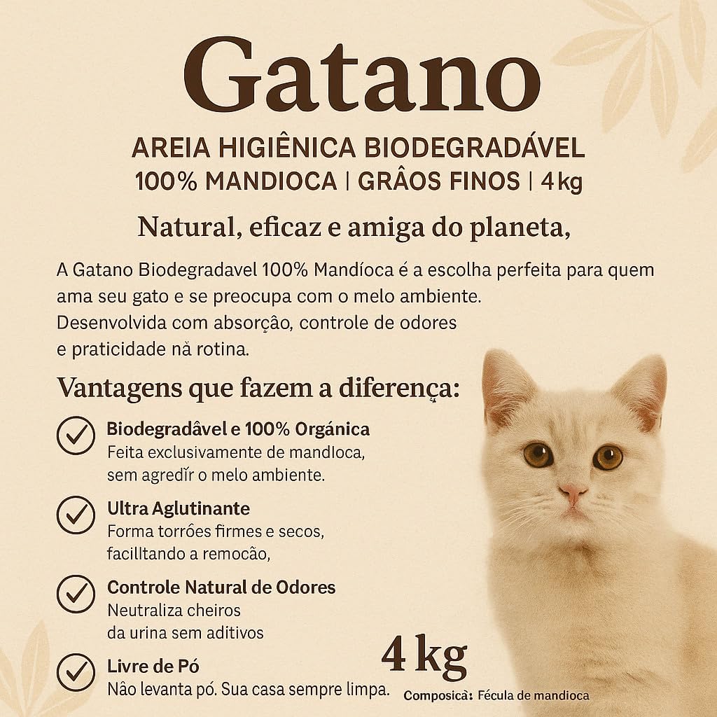 Areia Higiênica 4kg Grãos Grossos Biodegradável 100% Mandioca Para Gato