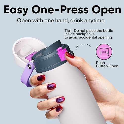 Miniatura 5 de ENCOOL Botella de agua aislada con popote, botella de agua de acero inoxidable con tapa de botón, a prueba de fugas y sin BPA, mantiene el frío