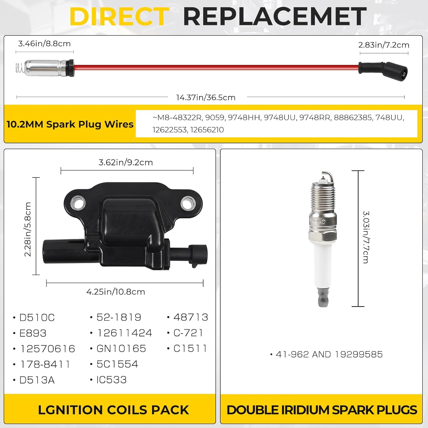 8 Pack UF413 Square Ignition Coils Set 41-962 Platinum Spark Plugs M8-48322R 8mm Spark Plug Wires Compatible with Chevy Silverado Cadillac Escalade Buick GMC Sierra Replace for D510C