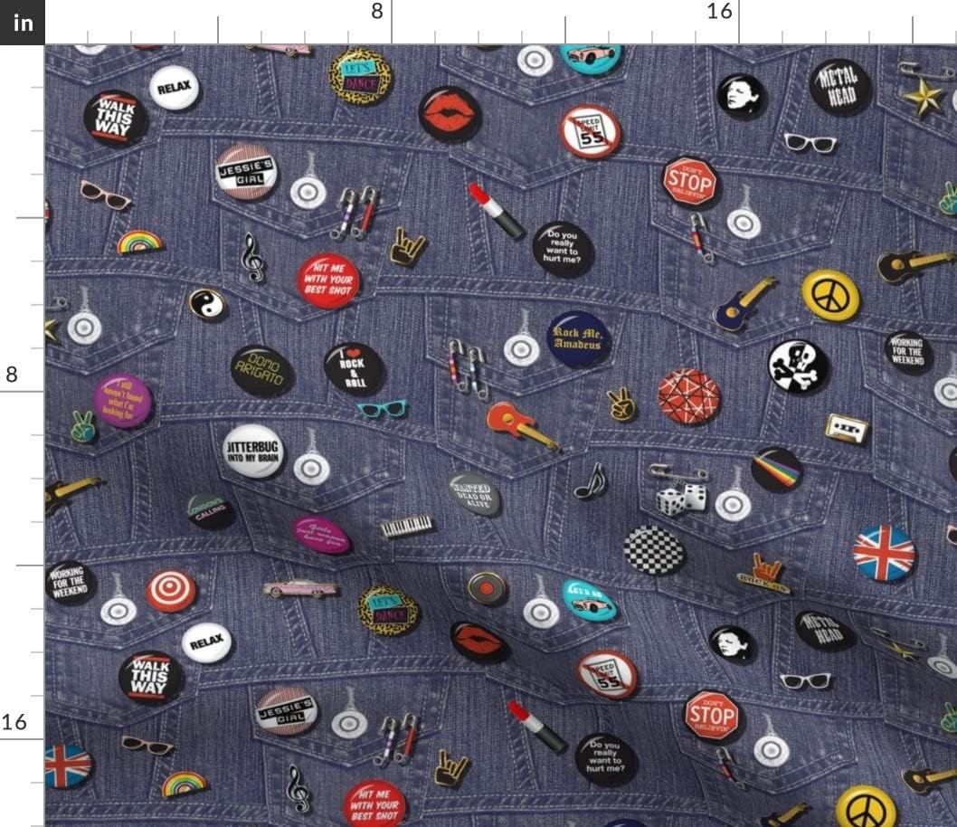Spoonflower Fabric - 80S Rock & Roll Pins Music Retro Denim Band Typography Words Fashion Printed on Petal Signature Cotton Fabric by The Yard - Sewing Quilting Apparel Crafts Decor