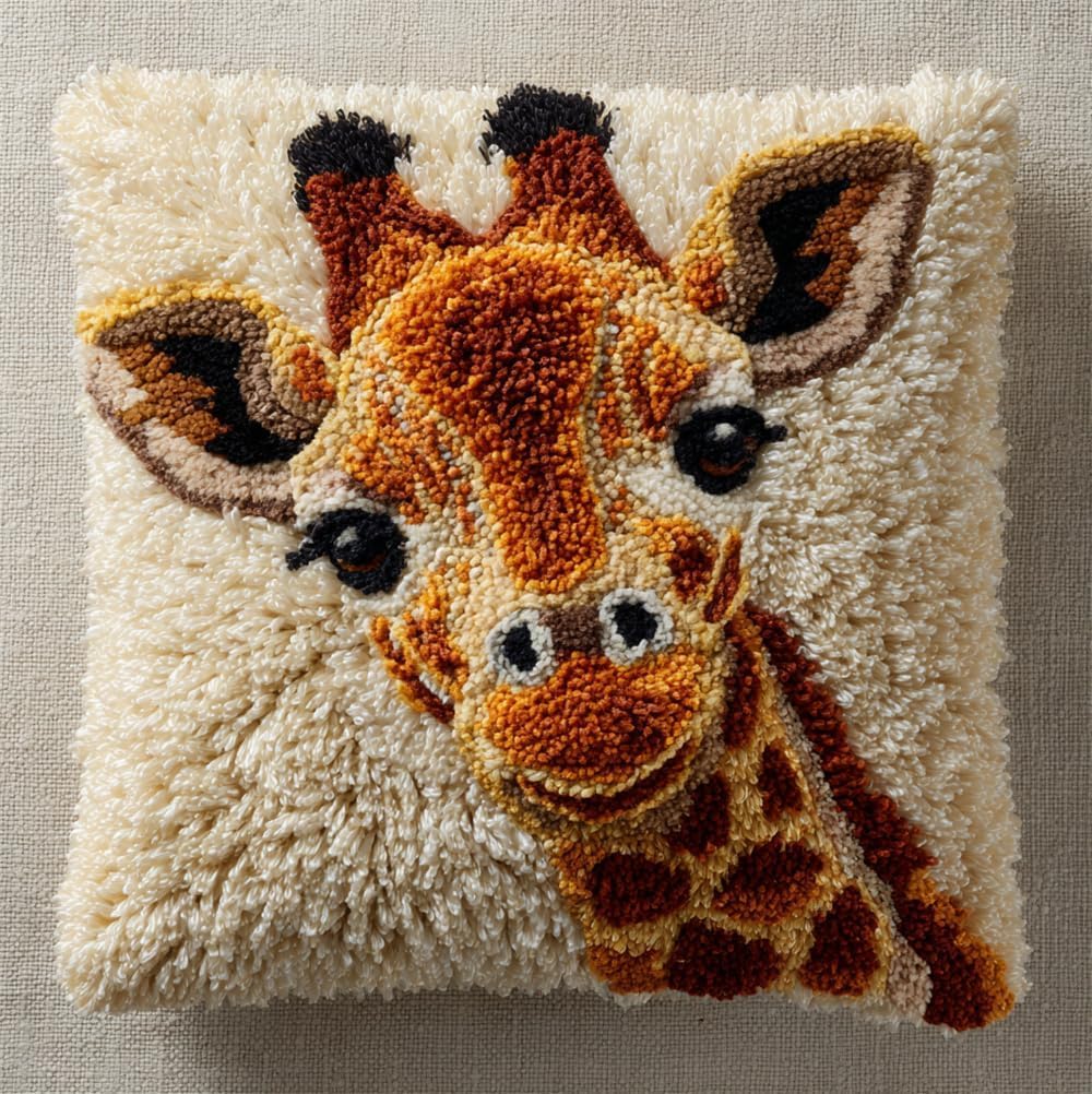 RKFLGEW Latch Hook Kit, Giraffe Animal Latch Hook Pillow Kits for Adults Crochet Yarn Cushion Pre-Printed Needlework Handcraft 17X17 Inch