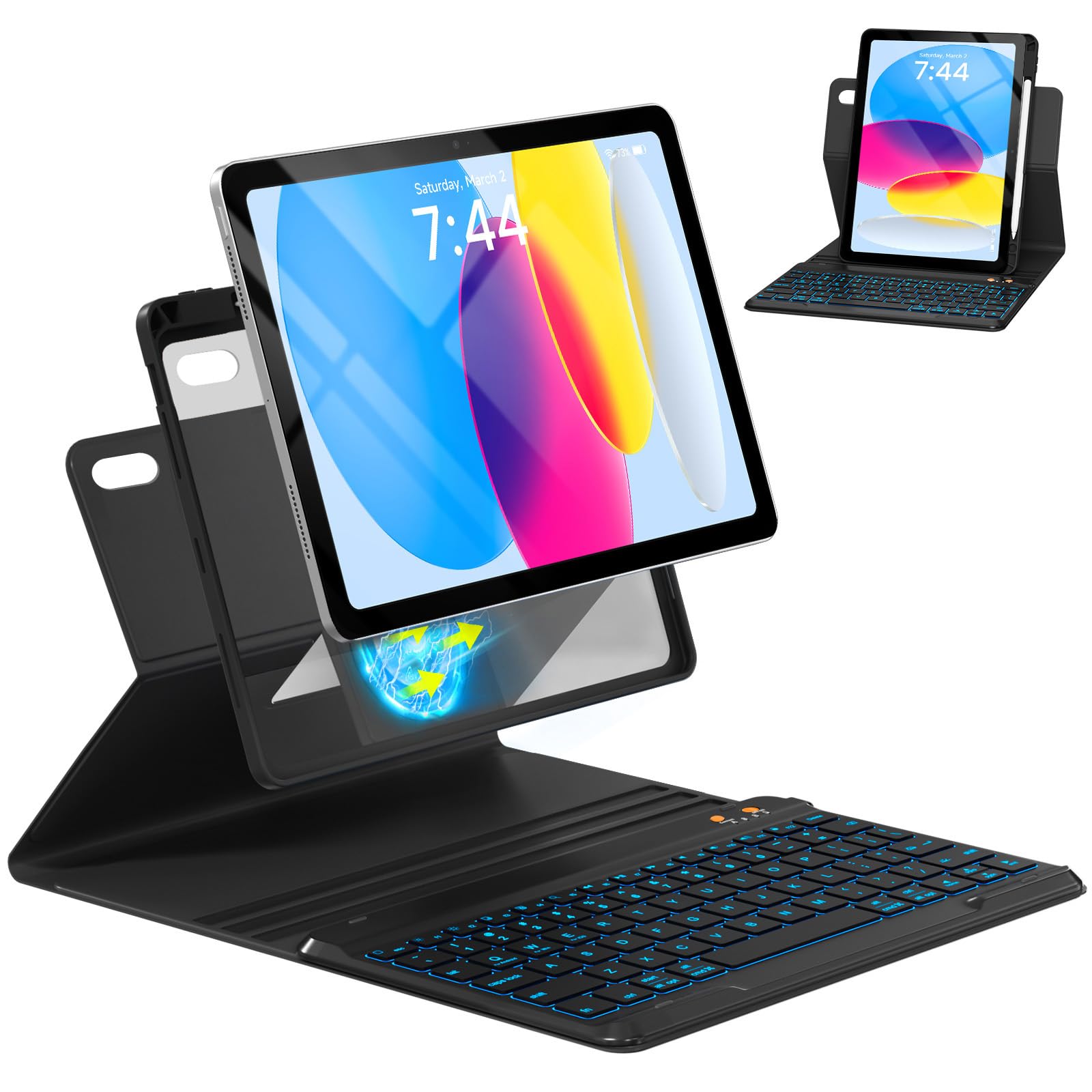 OPAKIT Magnetic Keyboard Case for iPad (A16) 11th 10th Generation 11/10.9 inch, 7 Color Backlit Detachable Wireless Keyboard 360 Rotatable Cover with