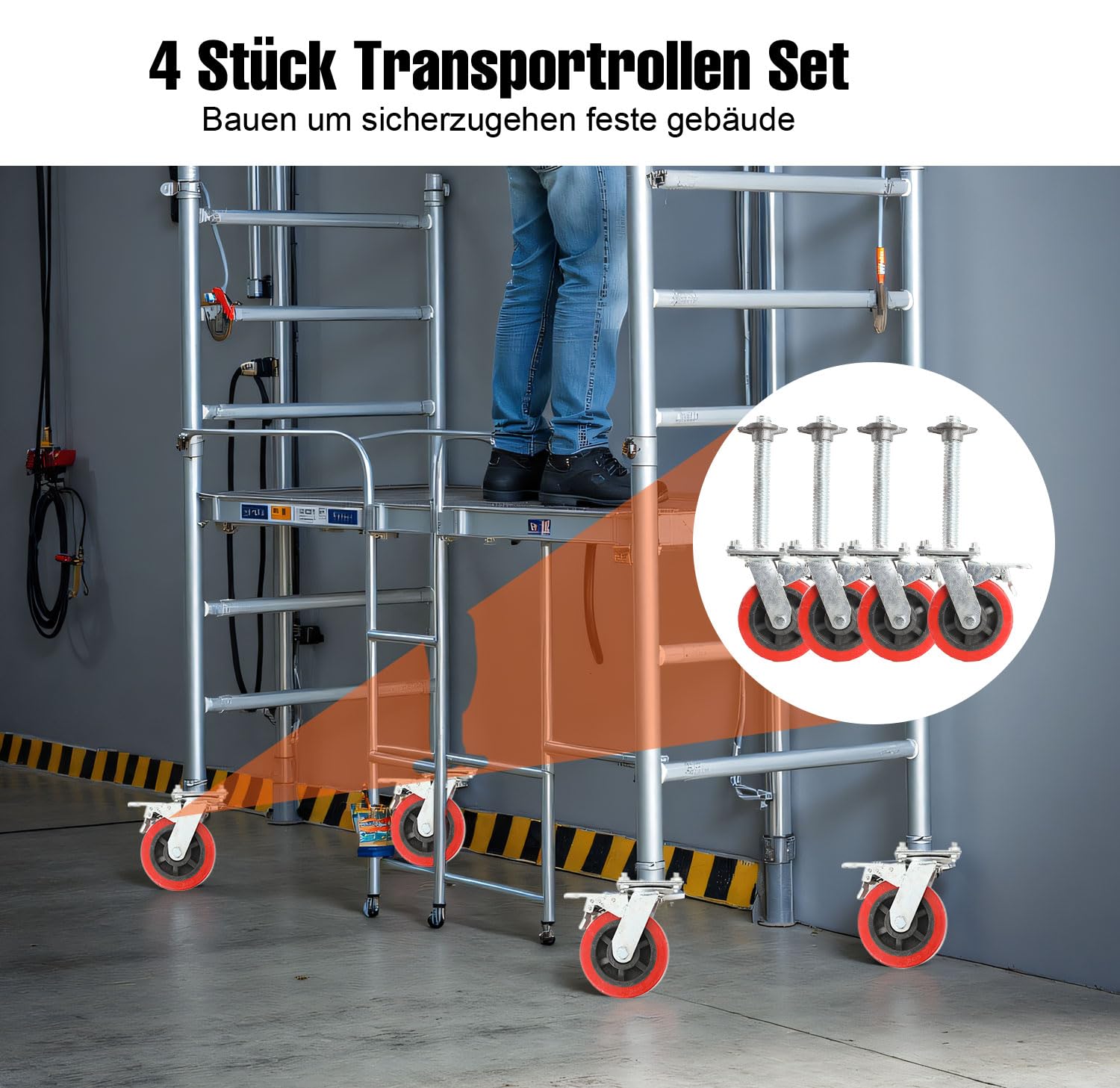 4 Stück Gerüstrollen Set 150mm Rollfüße Spindelrollen Lenkrollen Räder Gerüsträder mit Bremse für Arbeitsgerüste 500kg Tragkraft