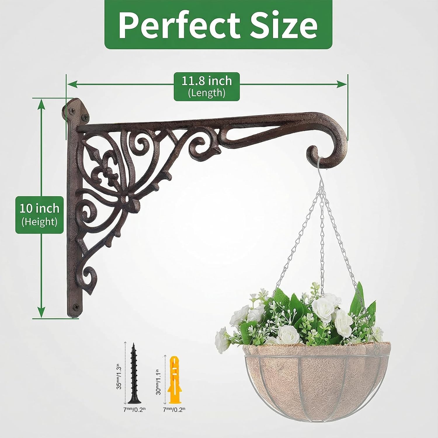 Z metnal Cast Iron Plant Hanger - 12 inch Rustic Wall Mounted Hanging Basket Holder for Outdoor Garden, Patio, Porch Decor - Heavy Duty Metal Hook Bracket