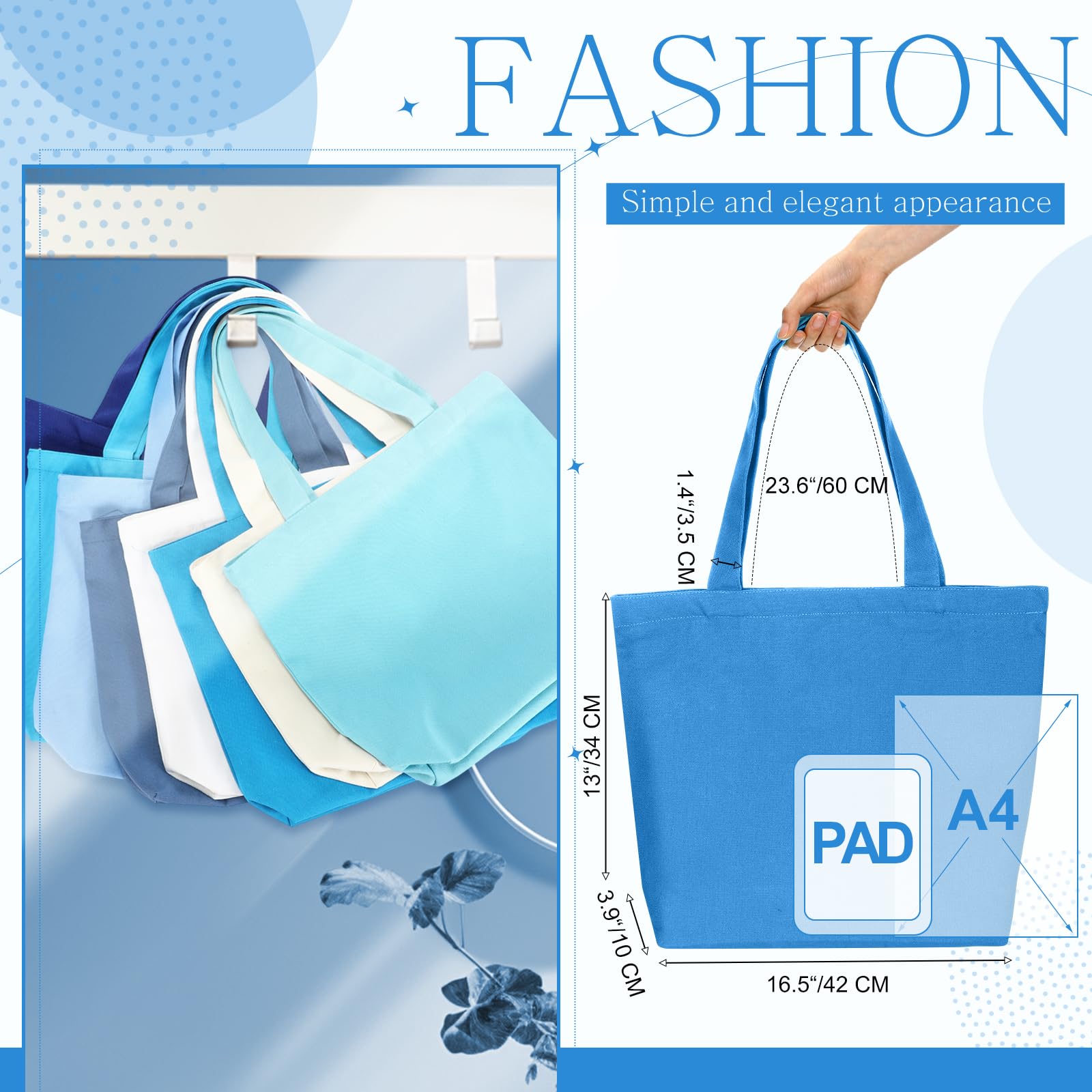 Epakh Grand sac fourre-tout réutilisable en toile de coton vierge avec fermeture éclair pour homme et femme