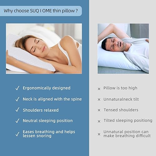 Miniatura 5 de SUQ I OME Slim Sleeper - Almohada plana de espuma viscoelástica de gel refrescante para dormir en cama, perfil bajo, almohada plana ultra fina para