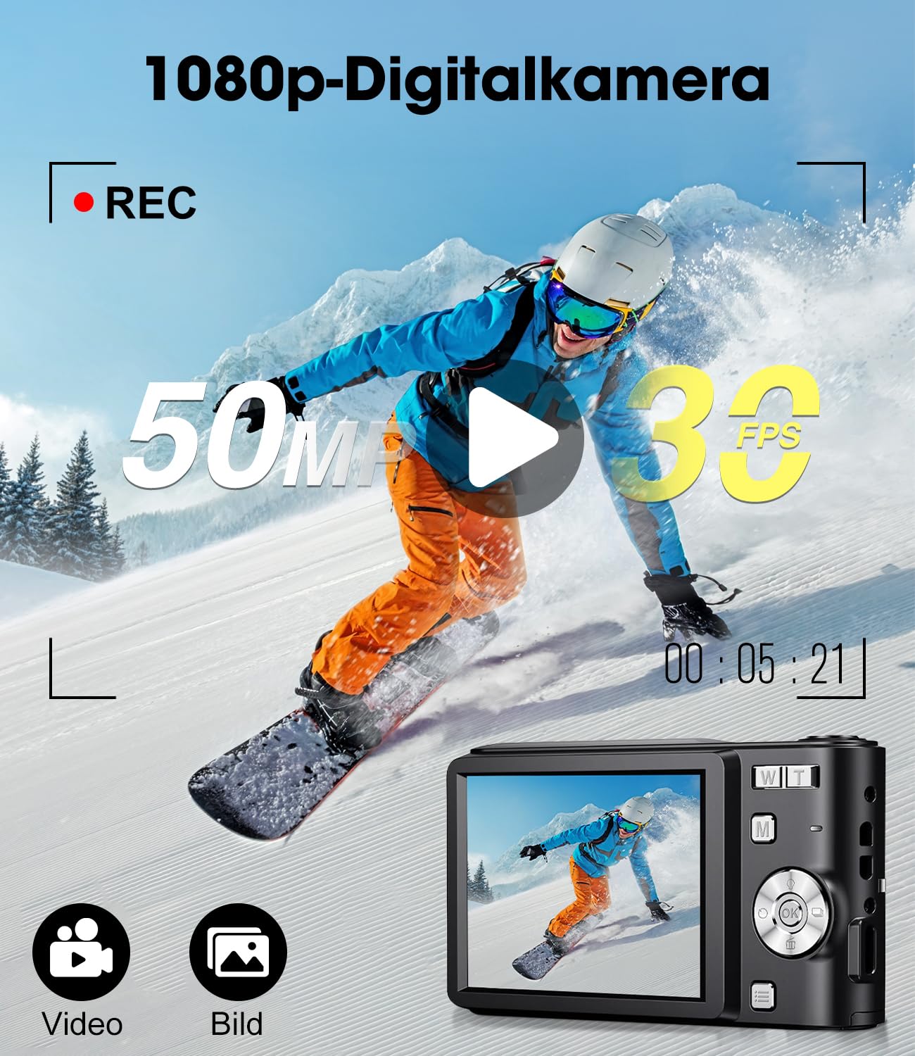 1080P Digitalkamera Autofokus 50MP Vlogging Kamera Anti-Shake 16X Zoom Compact Point and Shoot für Erwachsene Anfänger