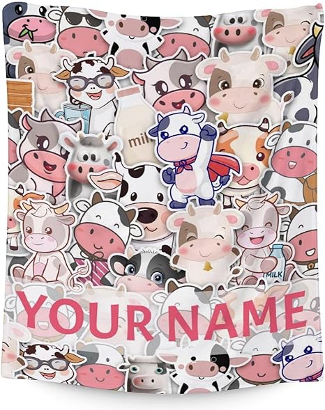 Personalized Cow Blanket Gifts with Name - 60"x80" Cute Throw for Women, Girls - Colorful Soft Fuzzy Blankets for Bed, Couch & Living Room