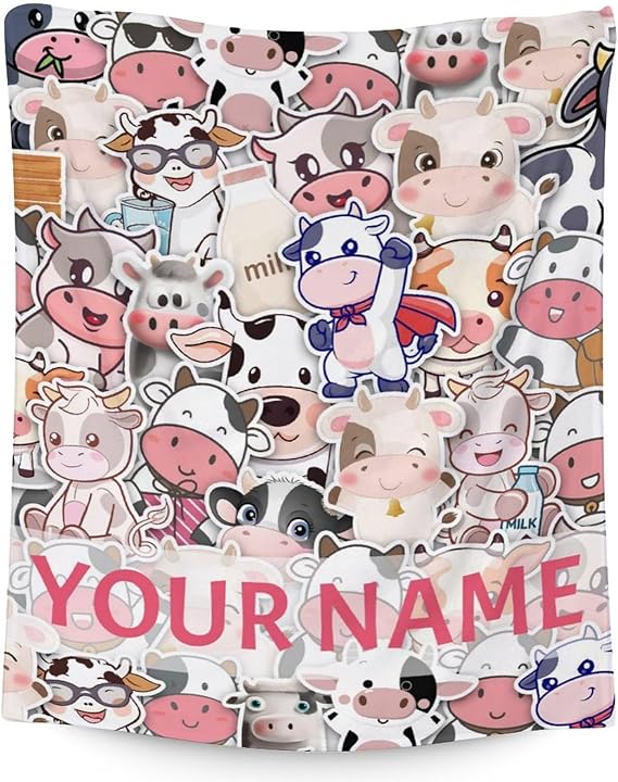 Personalized Cow Blanket Gifts with Name - 60"x80" Cute Throw for Women, Girls - Colorful Soft Fuzzy Blankets for Bed, Couch & Living Room