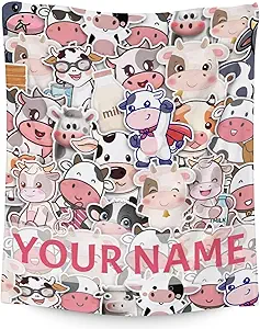 Personalized Cow Blanket Gifts with Name - 60"x80" Cute Throw for Women, Girls - Colorful Soft Fuzzy Blankets for Bed, Couch & Living Room