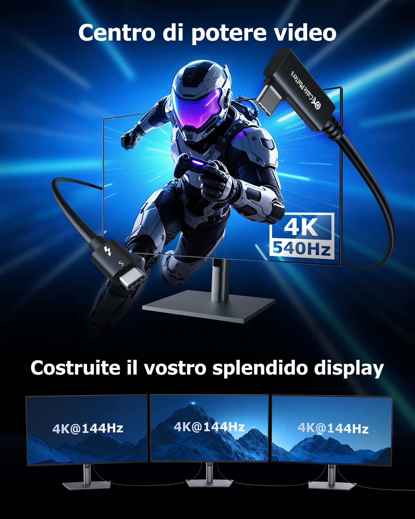 Cable Matters [Certificato Intel Cavo Thunderbolt 5 ad angolo retto da 80G con aumento della larghezza di banda fino a 120G e ricarica da 240W - 0,8 m, compatibile con Thunderbolt 4, USB4, USBC, nero