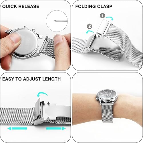 Miniatura 4 de Correa de reloj de malla de acero inoxidable para hombres y mujeres, correas de reloj de malla de liberación rápida de 0.709 in, 0.787 in, 0.866 in,