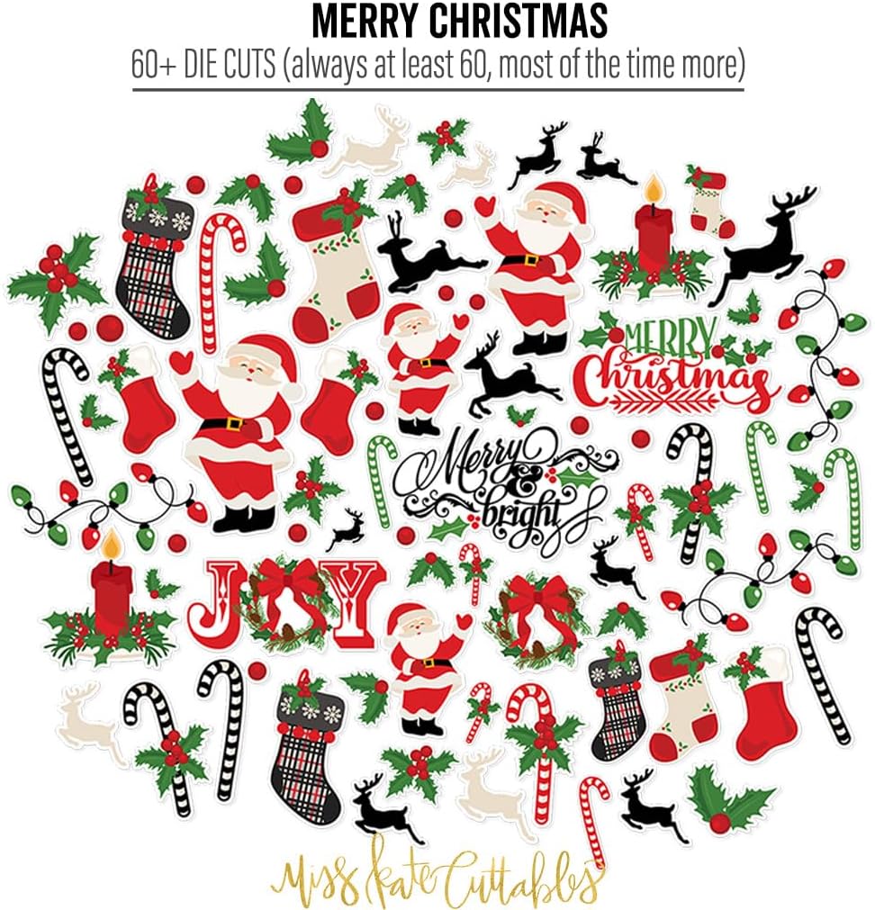 Die Cuts & Paper SET - Merry Christmas - By Miss Kate Cuttables - 16 Sheets of 12"x12" Cardstock & OVER 60 Coordinating Die Cuts - Exclusive Original Matching SET