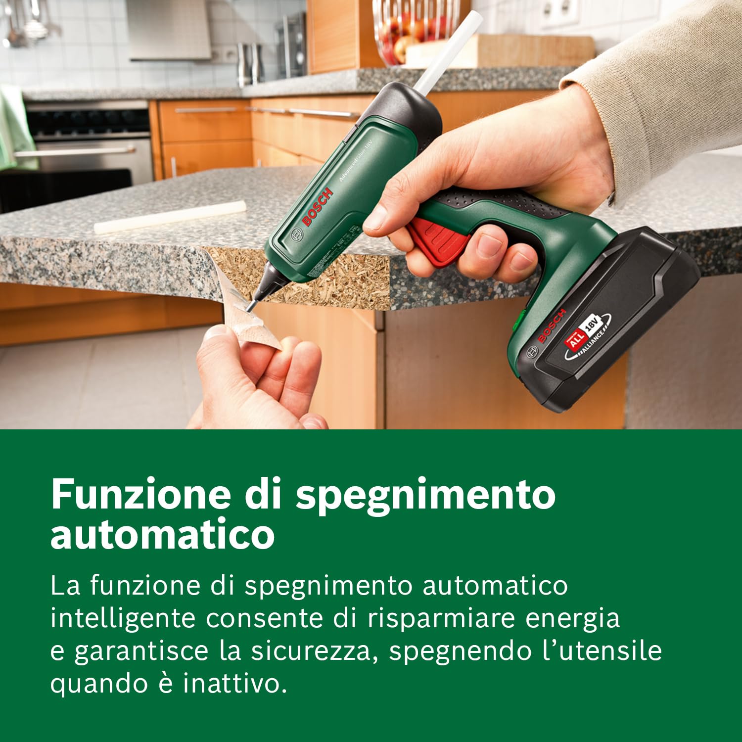 Bosch AdvancedGlue Gun - Pistola per colla da 18 V (senza batteria; Sistema da 18 V; 4 stick di colla; Tempo di riscaldamento: 90 secondi; due scelte di temperatura: 130 °C - 200 °C)