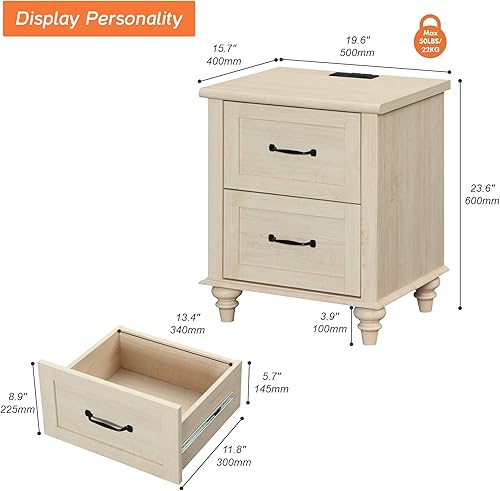 Miniatura 41 de WAMPAT Mesita de noche con estación de carga, mesa auxiliar de granja para sala de estar con 2 cajones, mesita de noche de madera natural para