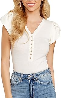 IHOT Women Deep V Neck Button Down Petal Sleeve Tops Stretchy Ribbed Basic Bodysuit Leotards