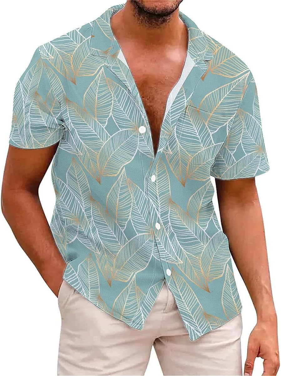 Men's Hawaiian Oversize Shirt -Tropical Golden Leaf Print Short Sleeve Shirt | Casual Vacation | S-4XL Plus Size