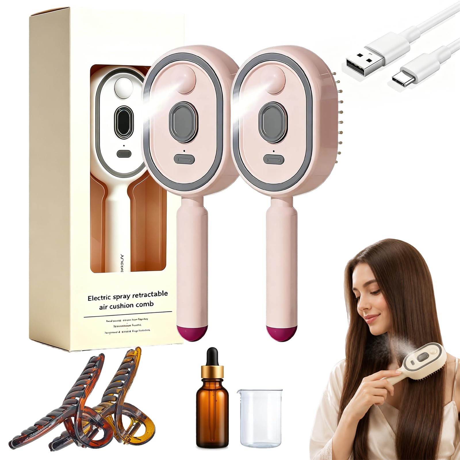 Cepillo desenredante eléctrico con masajeador y rociador de aire, 2 en 1, con cerdas retráctiles y rociador de agua. Estilizador antiestático para cabello seco y húmedo, ideal para spa (Pink,2)