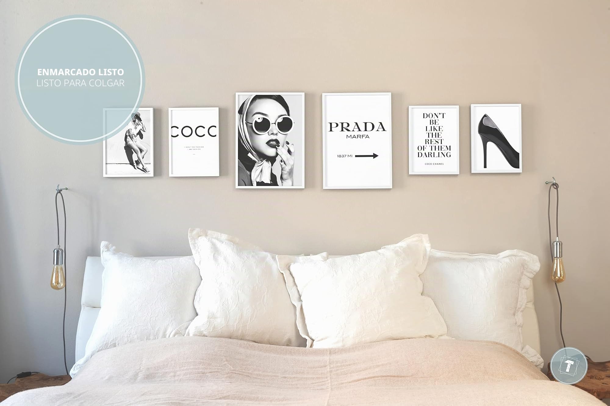 Papierschmiede® Mood Poster Set Coco blanco-negro, Cuadros enmarcados en marcos de madera negros, Living y dormitorio, 2x A3 y 4x A4, Glamour Estilo de vida Moda