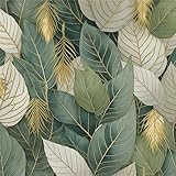 Watercolor Green Yellow Gold Leaf Modern Mosaic Peel and Stick Wallpaper Contact Paper Vintage Vinyl Stick on Wall Paper for Bedroom Bathroom Kitchen Cabinet Renter Friendly
