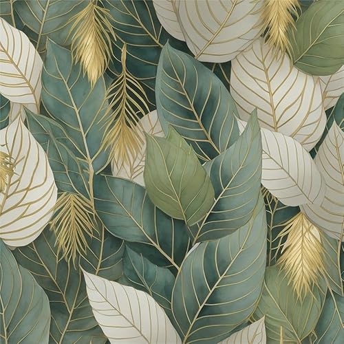 Watercolor Green Yellow Gold Leaf Modern Mosaic Peel and Stick Wallpaper Contact Paper Vintage Vinyl Stick on Wall Paper for Bedroom Bathroom Kitchen Cabinet Renter Friendly