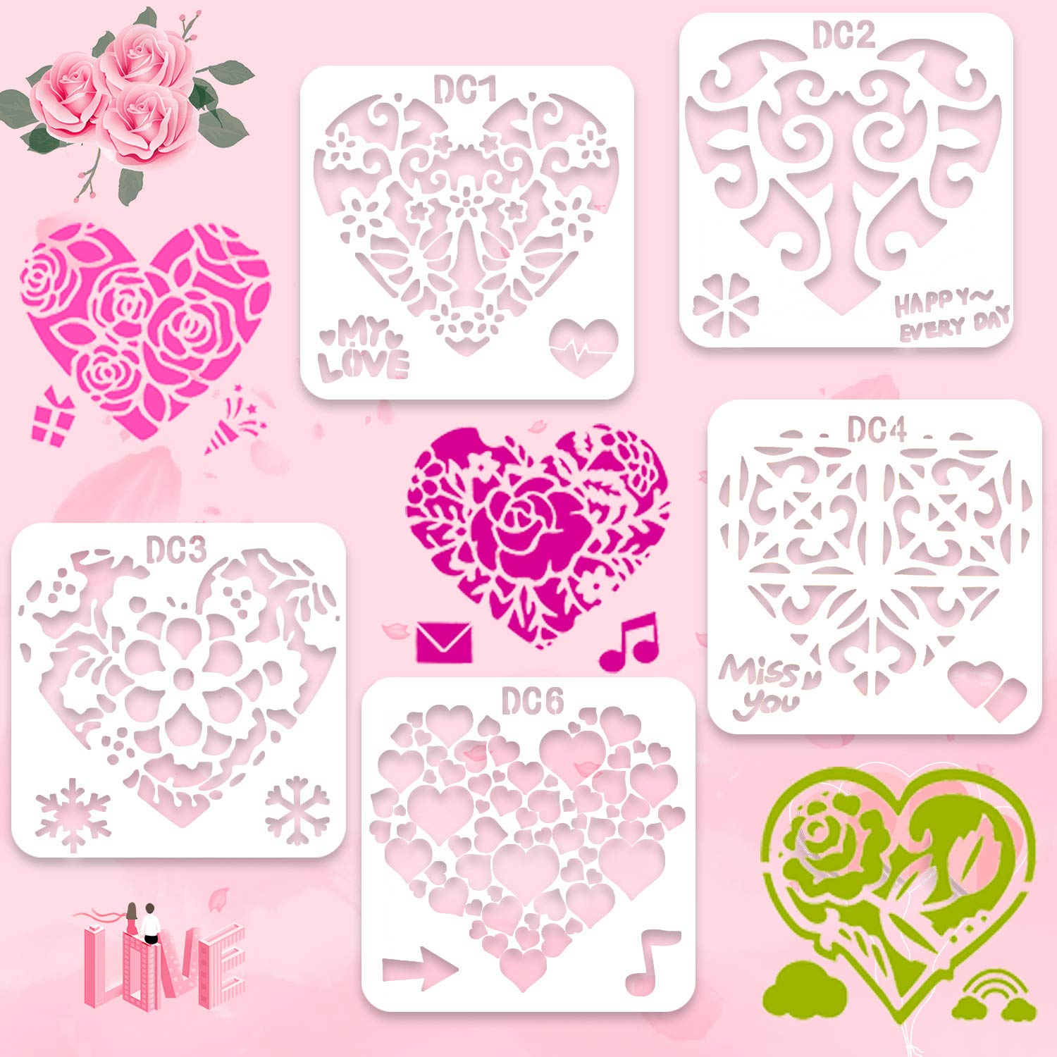 HOWAF 11pcs Flower Love Heart Stencils for Craft Cards Scrapbooking Valentine Wedding, Plastic Reusable Stencils Templates for Kids Teen Painting Drawing DIY Art Project Valentine's Day Craft Supplies