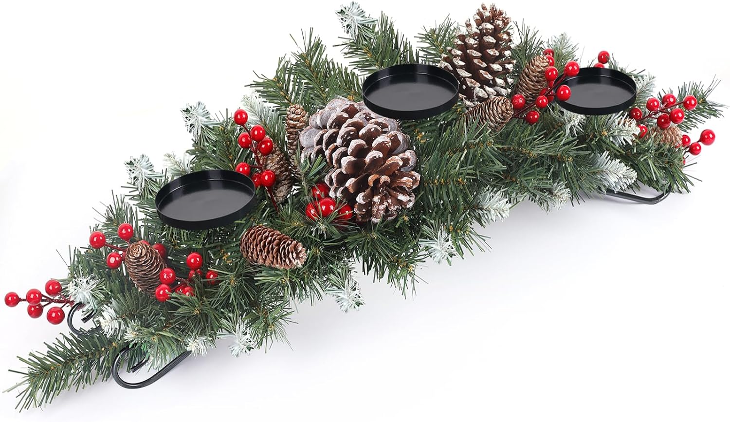 30" Christmas Table Centerpiece with 3 Candle Holders, Artificial Tabletop Xmas Decorations - Red Berries, Pine Cones and Steel Base Included, Christmas Centerpiece for Fireplace