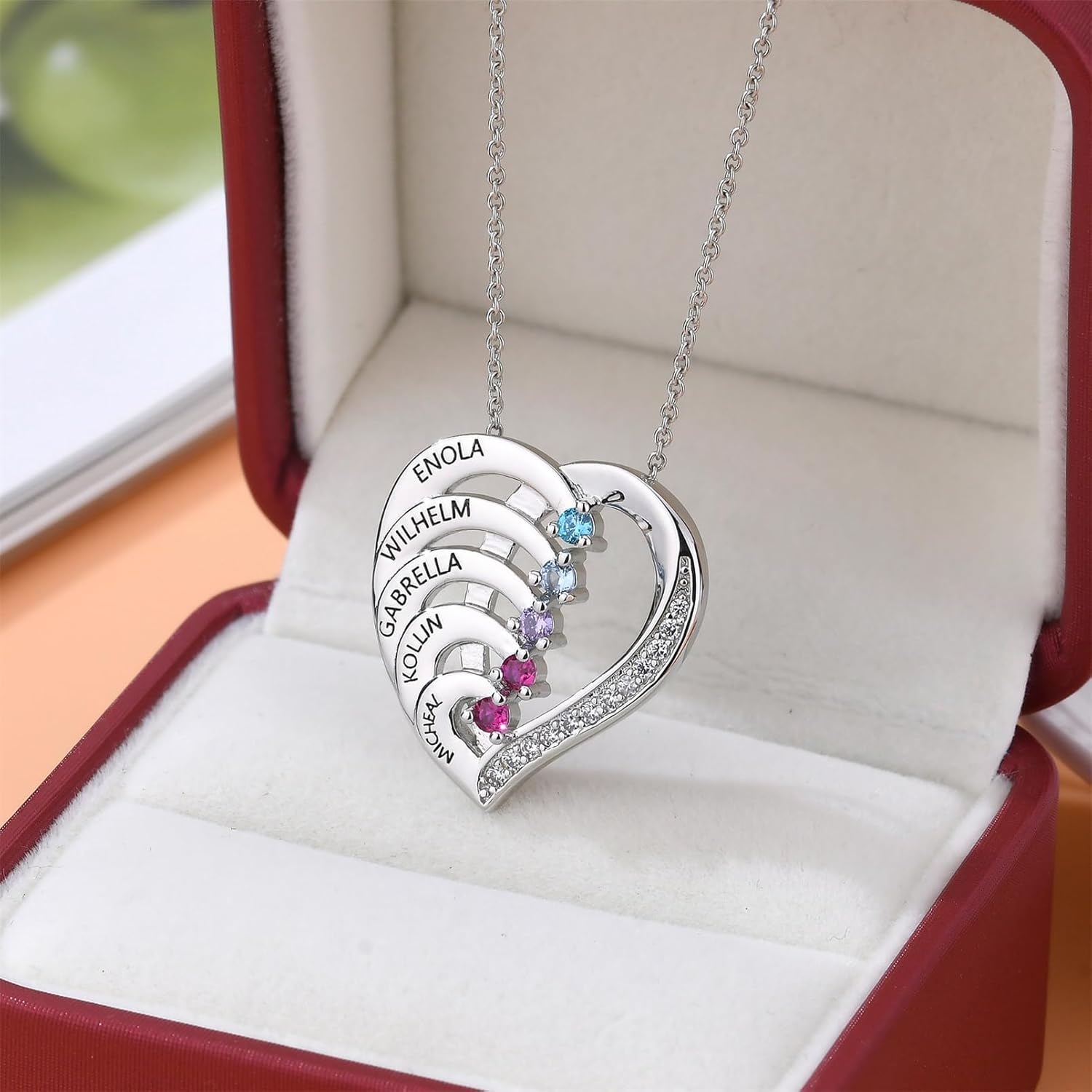 Personalized Sterling Silver Mothers Name Necklace with 1-5 Simulated Birthstones Custom Heart Pendant Necklace Personalized Gift for Mother's Day Christmas - Image 6